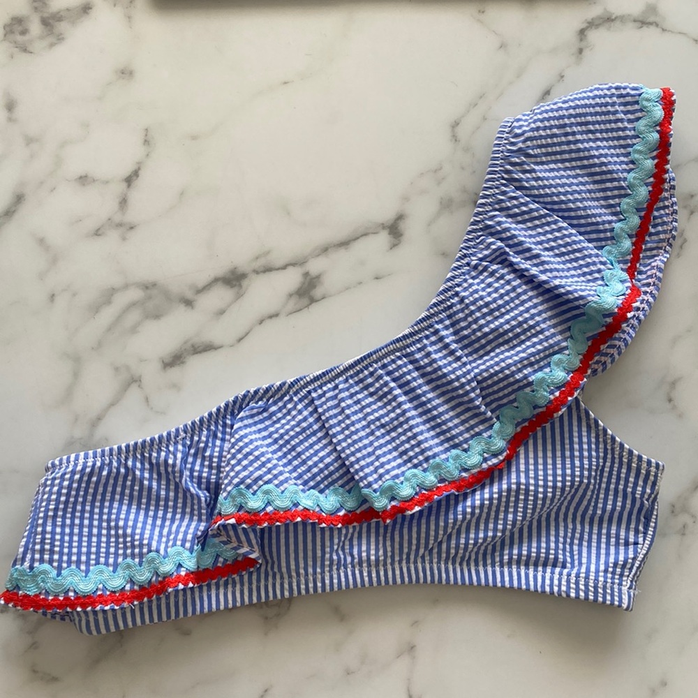 J.Crew Women’s Blue Seersucker One Shoulder Rickrack Bikini Top